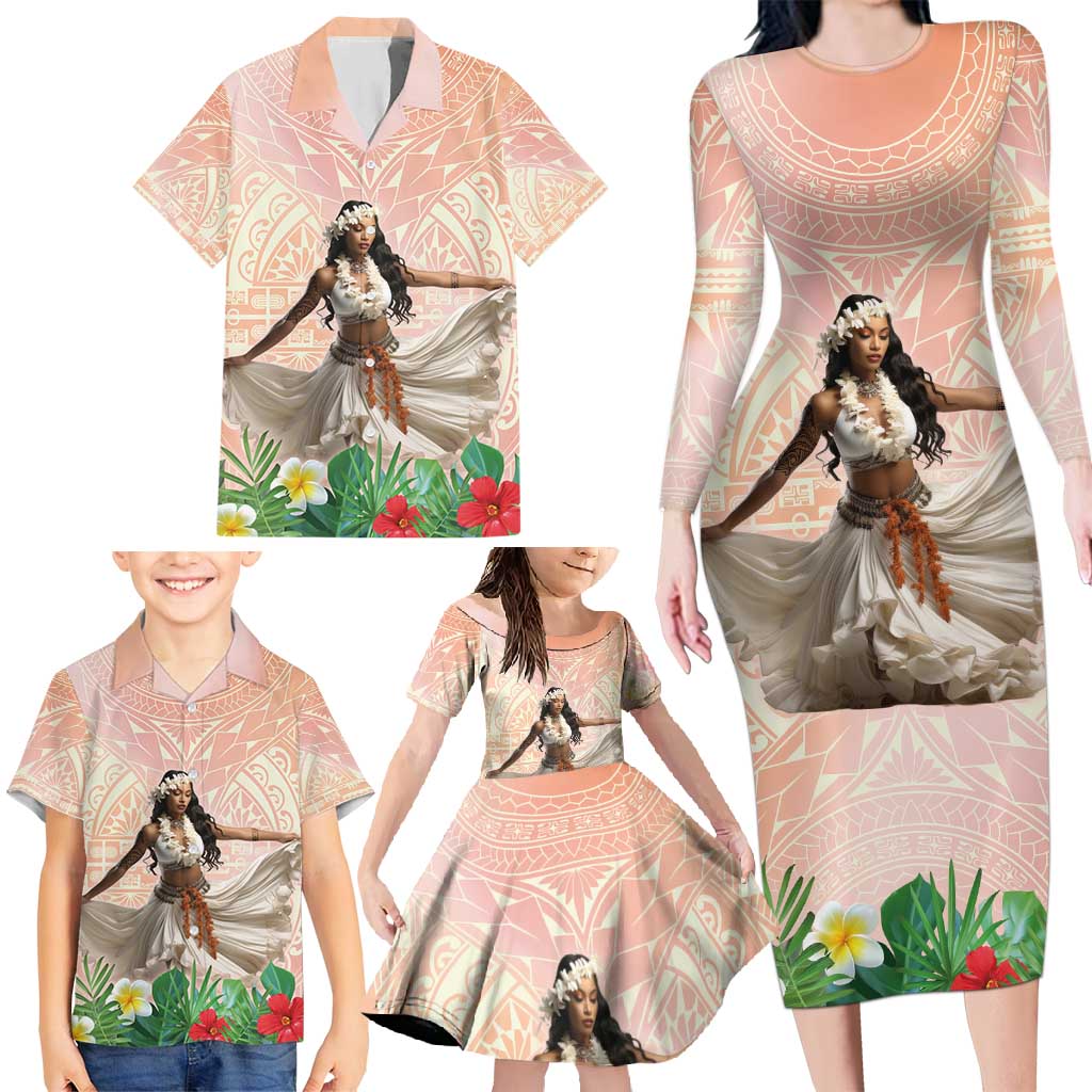 Woman Polynesian Tattoos Family Matching Long Sleeve Bodycon Dress and Hawaiian Shirt Tropical Flower - Peach Fuzz Color LT03 - Polynesian Pride
