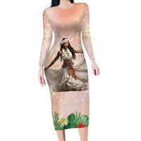 Woman Polynesian Tattoos Family Matching Long Sleeve Bodycon Dress and Hawaiian Shirt Tropical Flower - Peach Fuzz Color LT03 Mom's Dress Peach Fuzz - Polynesian Pride