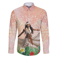 Woman Polynesian Tattoos Family Matching Mermaid Dress and Hawaiian Shirt Tropical Flower - Peach Fuzz Color LT03 Dad's Shirt - Long Sleeve Peach Fuzz - Polynesian Pride