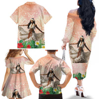 Woman Polynesian Tattoos Family Matching Off The Shoulder Long Sleeve Dress and Hawaiian Shirt Tropical Flower - Peach Fuzz Color LT03 - Polynesian Pride