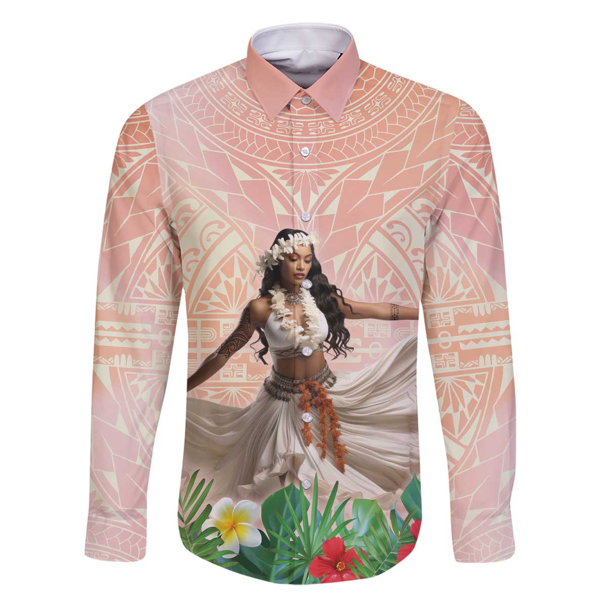Woman Polynesian Tattoos Family Matching Off The Shoulder Long Sleeve Dress and Hawaiian Shirt Tropical Flower - Peach Fuzz Color LT03 Dad's Shirt - Long Sleeve Peach Fuzz - Polynesian Pride
