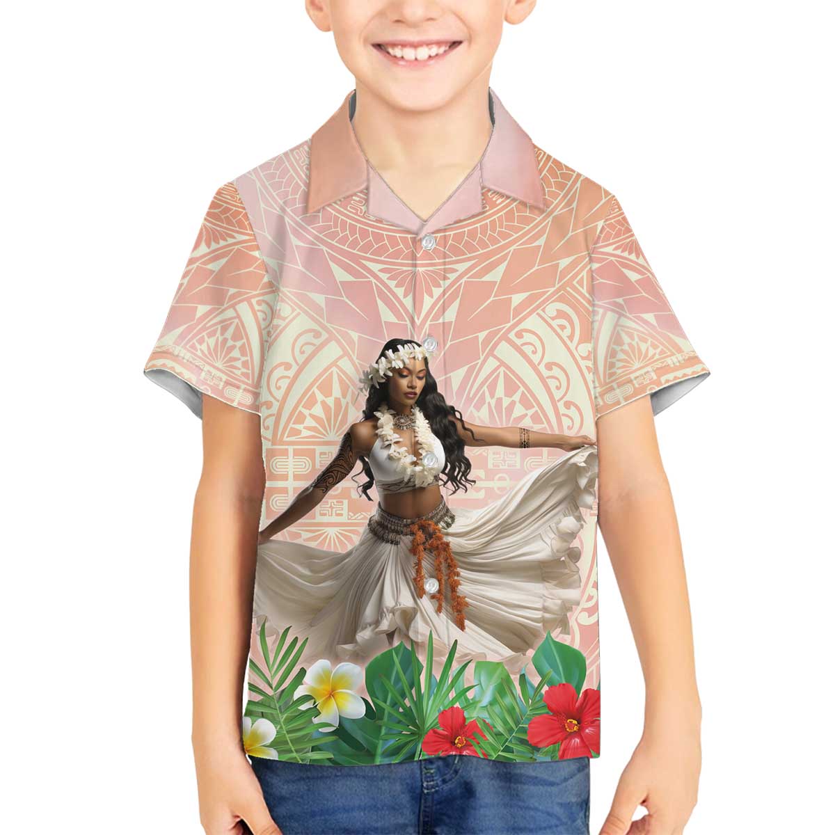 Woman Polynesian Tattoos Family Matching Off The Shoulder Long Sleeve Dress and Hawaiian Shirt Tropical Flower - Peach Fuzz Color LT03 Son's Shirt Peach Fuzz - Polynesian Pride