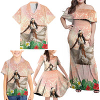 Woman Polynesian Tattoos Family Matching Off Shoulder Maxi Dress and Hawaiian Shirt Tropical Flower - Peach Fuzz Color LT03 - Polynesian Pride