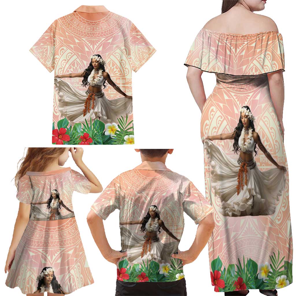 Woman Polynesian Tattoos Family Matching Off Shoulder Maxi Dress and Hawaiian Shirt Tropical Flower - Peach Fuzz Color LT03 - Polynesian Pride