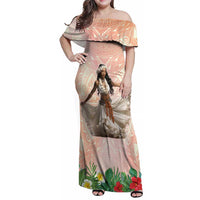 Woman Polynesian Tattoos Family Matching Off Shoulder Maxi Dress and Hawaiian Shirt Tropical Flower - Peach Fuzz Color LT03 Mom's Dress Peach Fuzz - Polynesian Pride