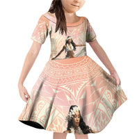 Woman Polynesian Tattoos Family Matching Off Shoulder Short Dress and Hawaiian Shirt Tropical Flower - Peach Fuzz Color LT03 Daughter's Dress Peach Fuzz - Polynesian Pride
