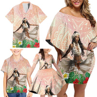 Woman Polynesian Tattoos Family Matching Off Shoulder Short Dress and Hawaiian Shirt Tropical Flower - Peach Fuzz Color LT03 - Polynesian Pride