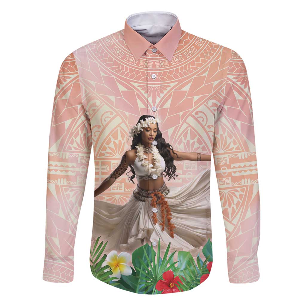 Woman Polynesian Tattoos Family Matching Puletasi and Hawaiian Shirt Tropical Flower - Peach Fuzz Color LT03 Dad's Shirt - Long Sleeve Peach Fuzz - Polynesian Pride