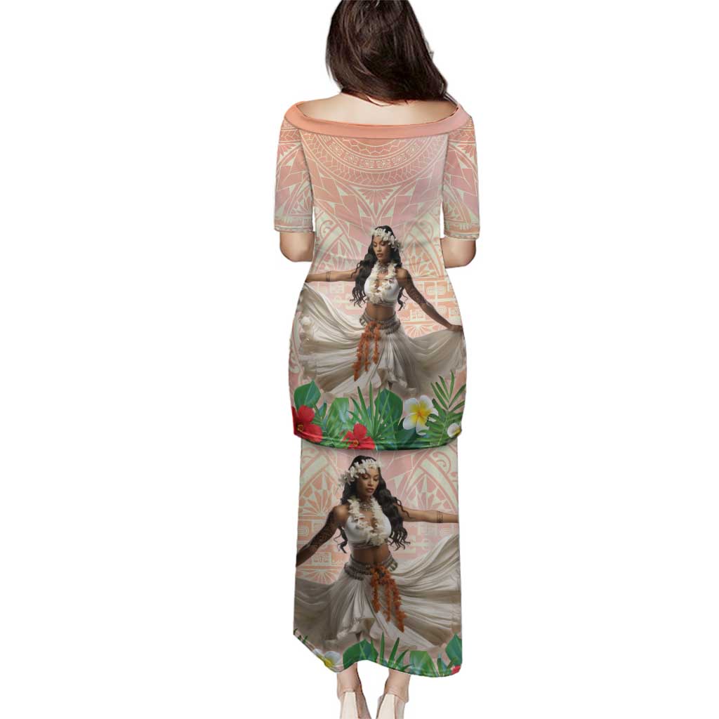 Woman Polynesian Tattoos Family Matching Puletasi and Hawaiian Shirt Tropical Flower - Peach Fuzz Color LT03 - Polynesian Pride