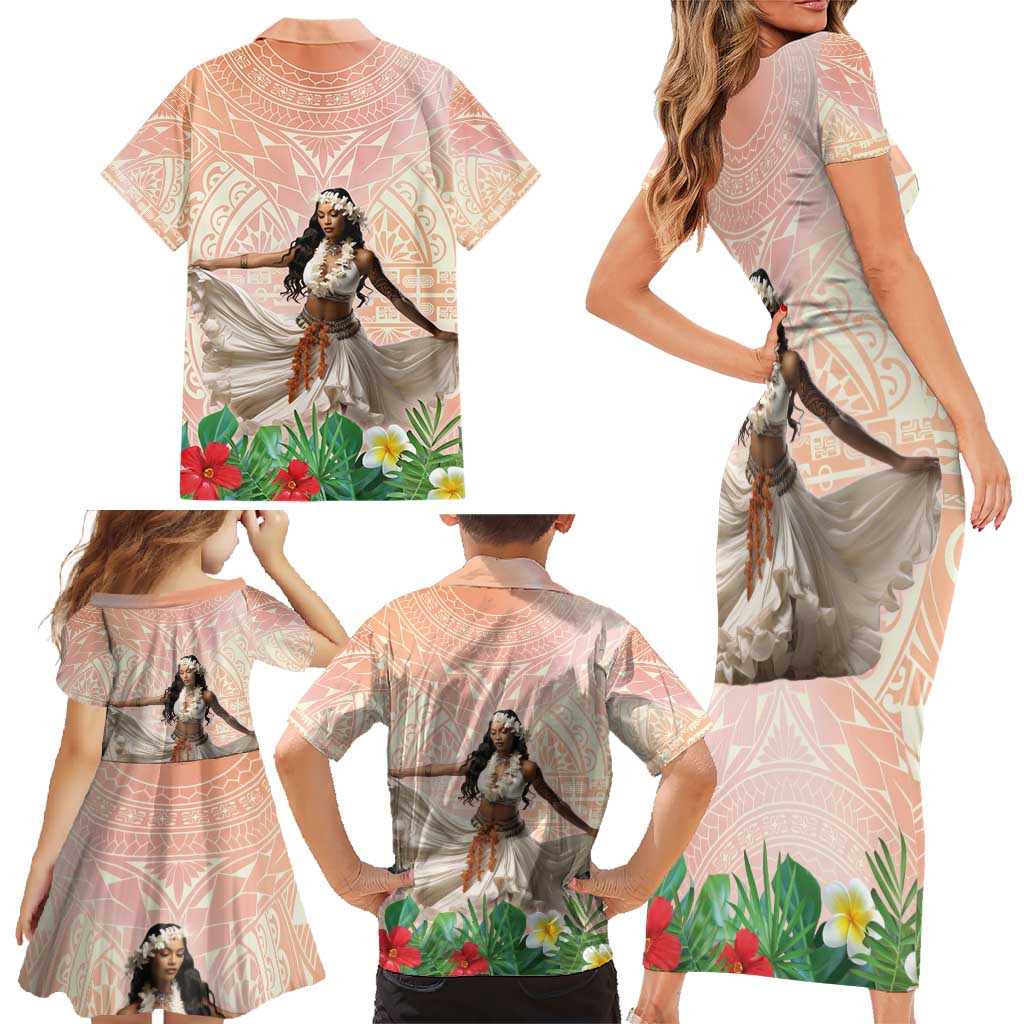 Woman Polynesian Tattoos Family Matching Short Sleeve Bodycon Dress and Hawaiian Shirt Tropical Flower - Peach Fuzz Color LT03 - Polynesian Pride