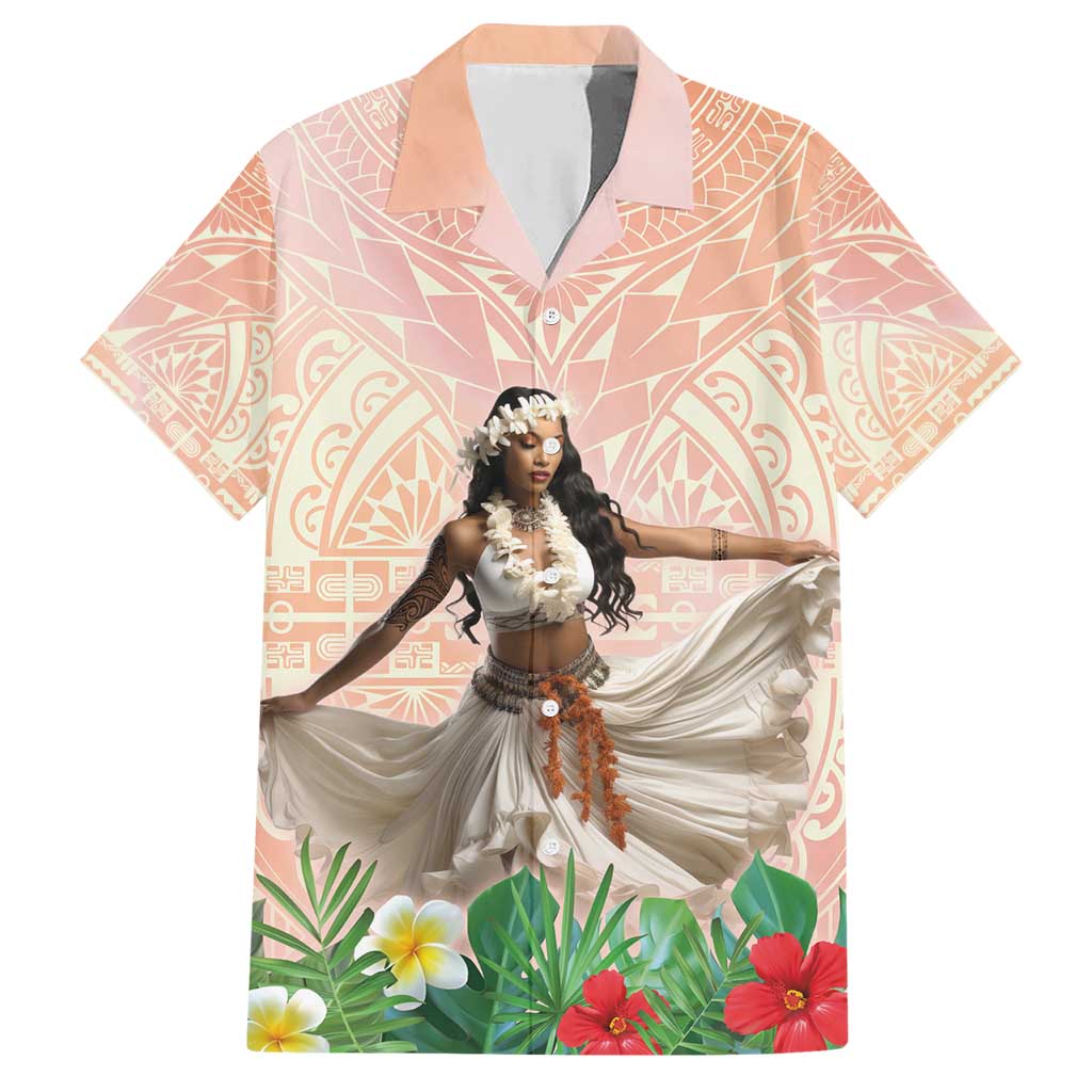 Woman Polynesian Tattoos Family Matching Short Sleeve Bodycon Dress and Hawaiian Shirt Tropical Flower - Peach Fuzz Color LT03 Dad's Shirt - Short Sleeve Peach Fuzz - Polynesian Pride