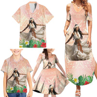 Woman Polynesian Tattoos Family Matching Summer Maxi Dress and Hawaiian Shirt Tropical Flower - Peach Fuzz Color LT03 - Polynesian Pride