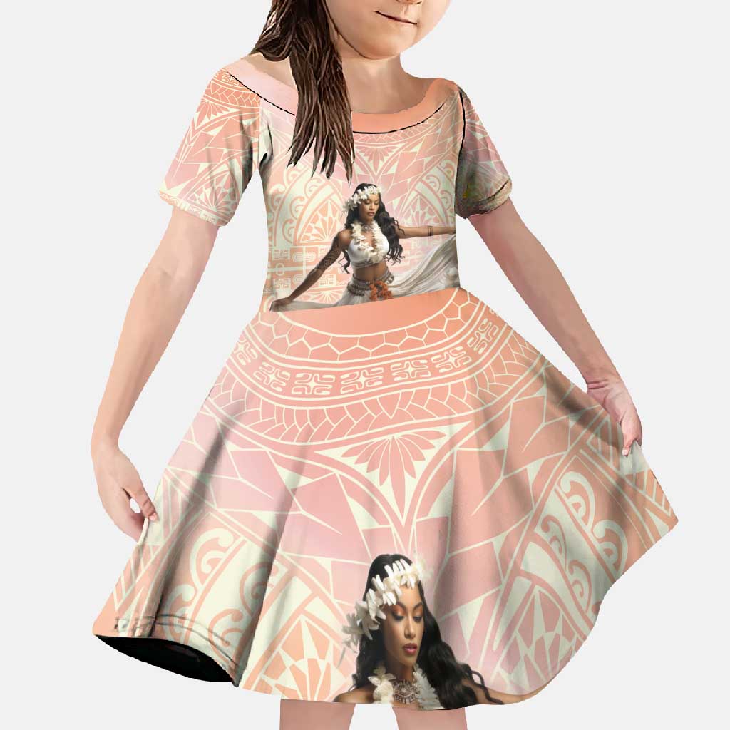 Woman Polynesian Tattoos Family Matching Tank Maxi Dress and Hawaiian Shirt Tropical Flower - Peach Fuzz Color LT03 Daughter's Dress Peach Fuzz - Polynesian Pride