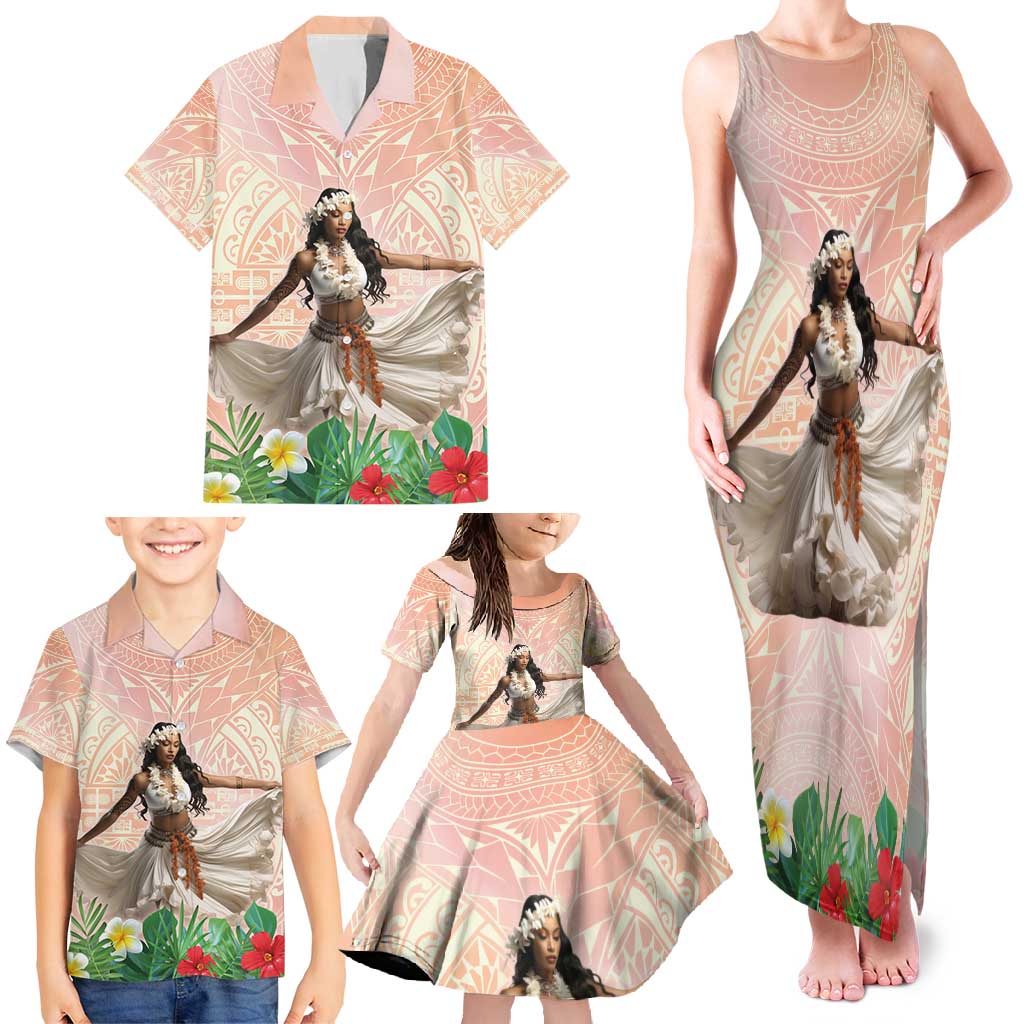 Woman Polynesian Tattoos Family Matching Tank Maxi Dress and Hawaiian Shirt Tropical Flower - Peach Fuzz Color LT03 - Polynesian Pride
