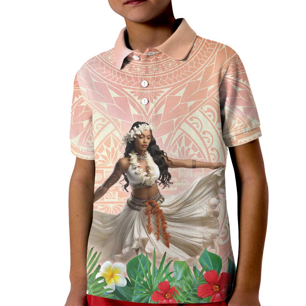 Woman Polynesian Tattoos Kid Polo Shirt Tropical Flower - Peach Fuzz Color