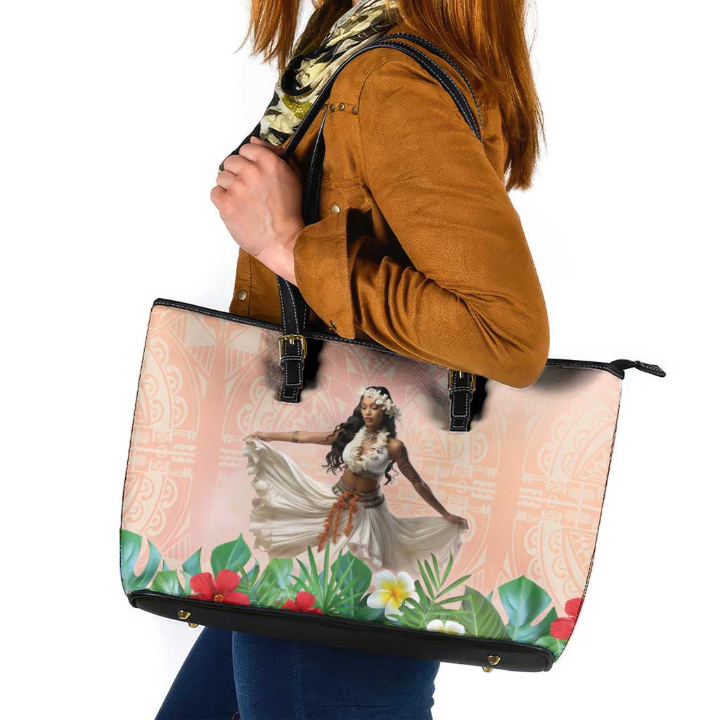 Woman Polynesian Tattoos Leather Tote Bag Tropical Flower - Peach Fuzz Color LT03 Peach Fuzz - Polynesian Pride