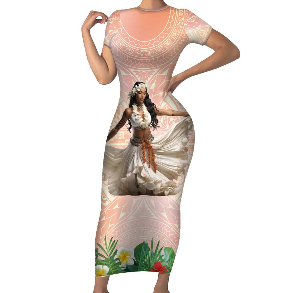 Woman Polynesian Tattoos Short Sleeve Bodycon Dress Tropical Flower - Peach Fuzz Color LT03 Long Dress Peach Fuzz - Polynesian Pride