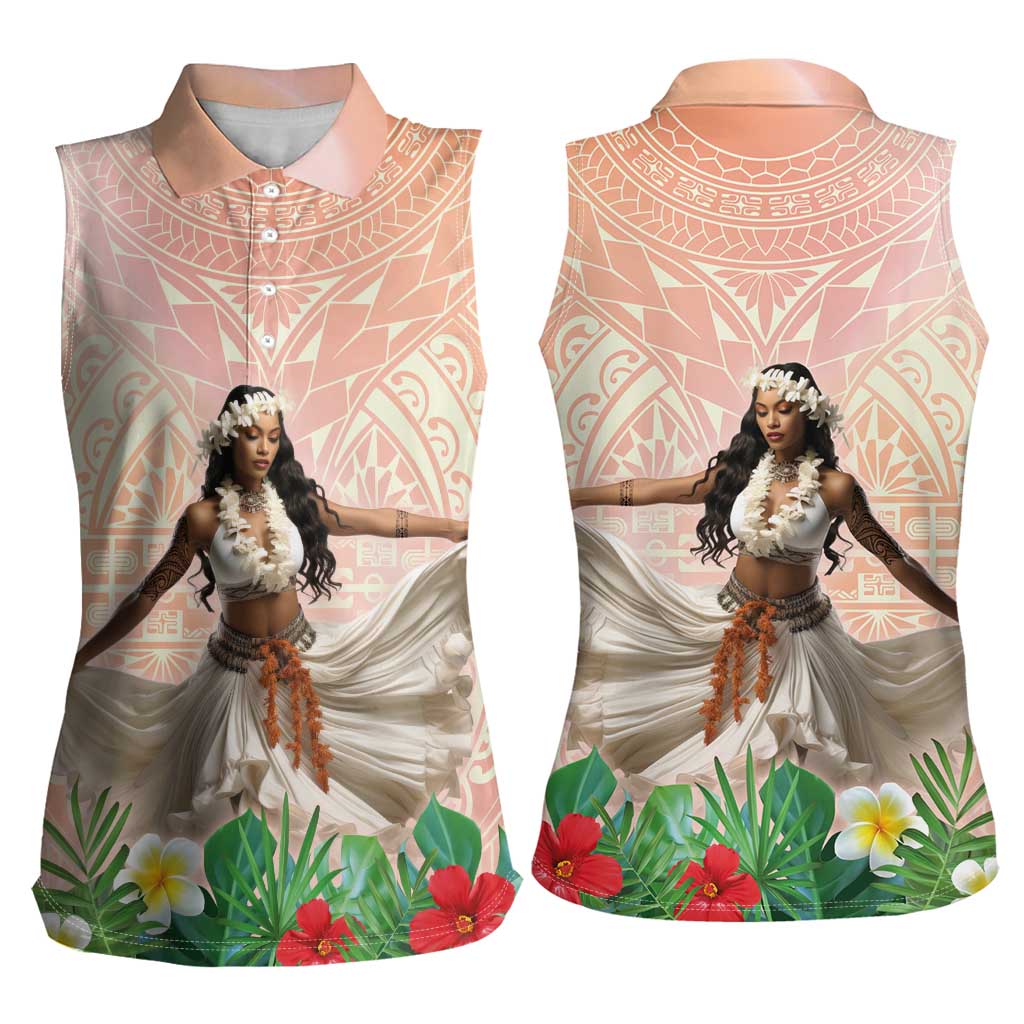 Woman Polynesian Tattoos Women Sleeveless Polo Shirt Tropical Flower - Peach Fuzz Color