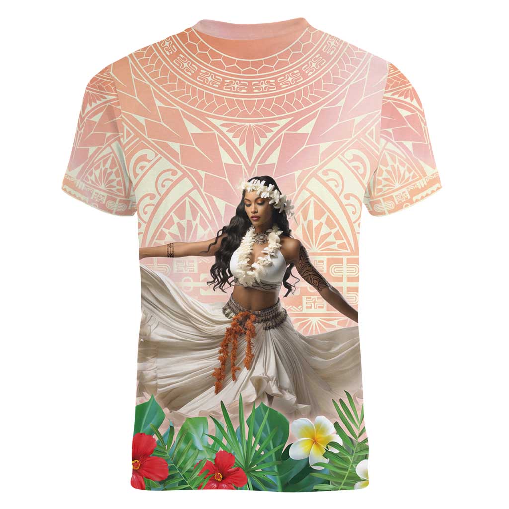 Woman Polynesian Tattoos Women V-Neck T-Shirt Tropical Flower - Peach Fuzz Color