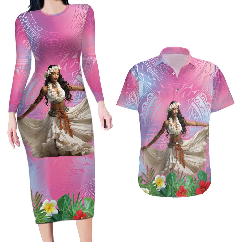 Woman Polynesian Tattoos Couples Matching Long Sleeve Bodycon Dress and Hawaiian Shirt Tropical Flower - Sweets Vibrant Color LT03 Vibrant Gradient - Polynesian Pride