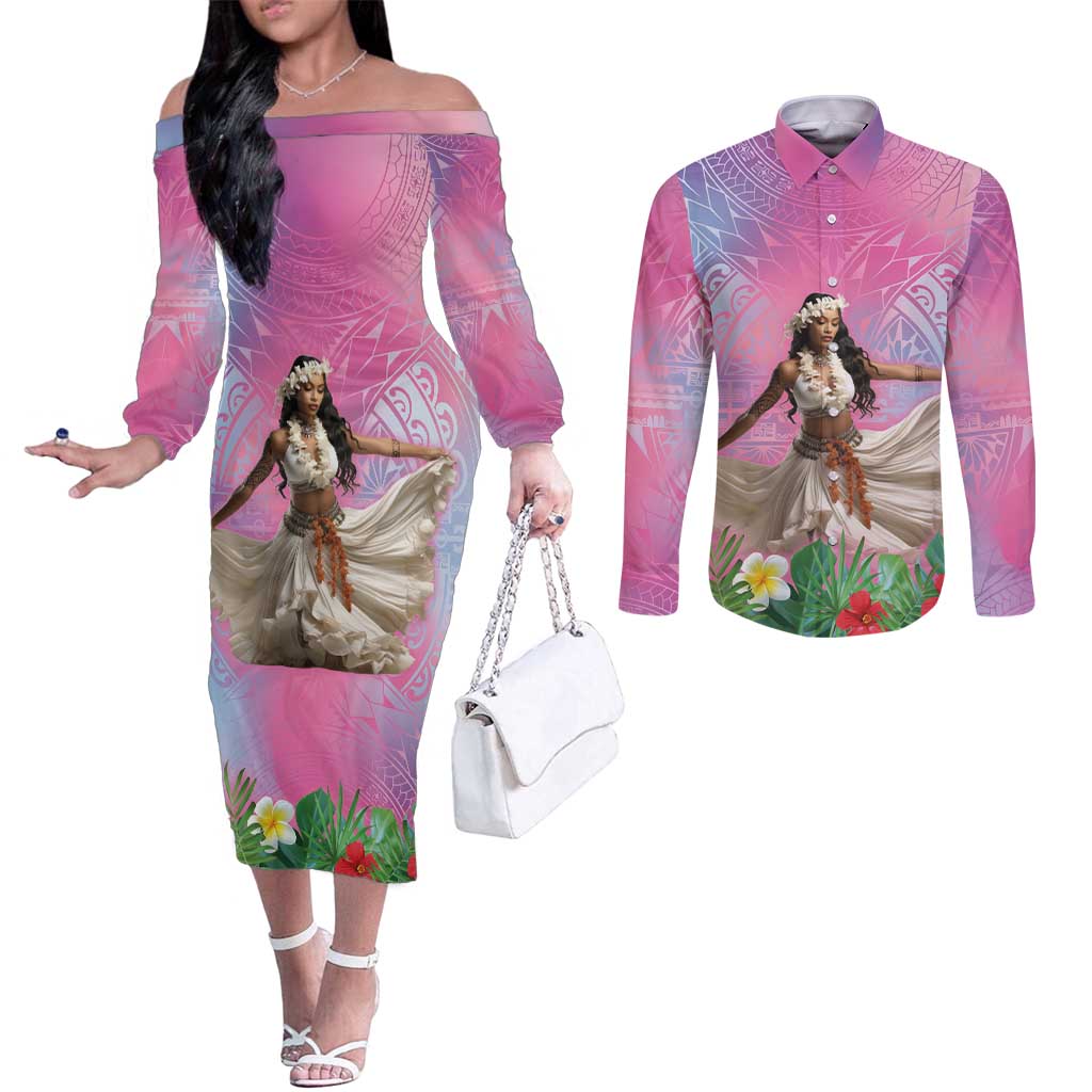 Woman Polynesian Tattoos Couples Matching Off The Shoulder Long Sleeve Dress and Long Sleeve Button Shirt Tropical Flower - Sweets Vibrant Color LT03 Vibrant Gradient - Polynesian Pride