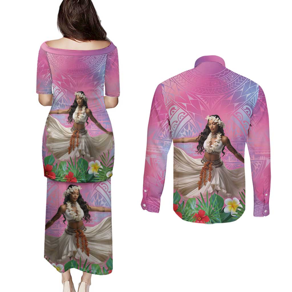 Woman Polynesian Tattoos Couples Matching Puletasi and Long Sleeve Button Shirt Tropical Flower - Sweets Vibrant Color