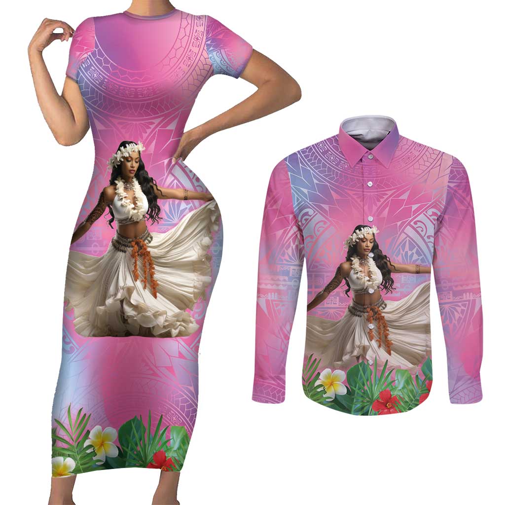 Woman Polynesian Tattoos Couples Matching Short Sleeve Bodycon Dress and Long Sleeve Button Shirt Tropical Flower - Sweets Vibrant Color LT03 Vibrant Gradient - Polynesian Pride