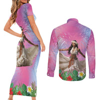 Woman Polynesian Tattoos Couples Matching Short Sleeve Bodycon Dress and Long Sleeve Button Shirt Tropical Flower - Sweets Vibrant Color LT03 - Polynesian Pride