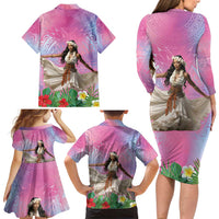 Woman Polynesian Tattoos Family Matching Long Sleeve Bodycon Dress and Hawaiian Shirt Tropical Flower - Sweets Vibrant Color LT03 - Polynesian Pride