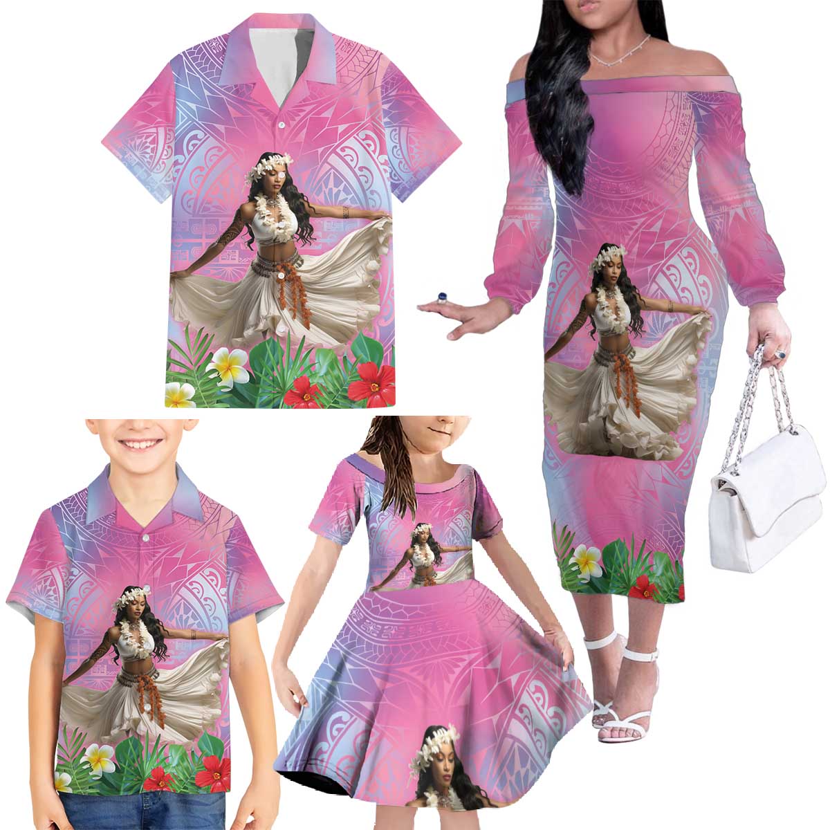 Woman Polynesian Tattoos Family Matching Off The Shoulder Long Sleeve Dress and Hawaiian Shirt Tropical Flower - Sweets Vibrant Color LT03 - Polynesian Pride