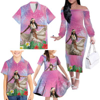 Woman Polynesian Tattoos Family Matching Off The Shoulder Long Sleeve Dress and Hawaiian Shirt Tropical Flower - Sweets Vibrant Color LT03 - Polynesian Pride