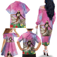 Woman Polynesian Tattoos Family Matching Off The Shoulder Long Sleeve Dress and Hawaiian Shirt Tropical Flower - Sweets Vibrant Color LT03 - Polynesian Pride