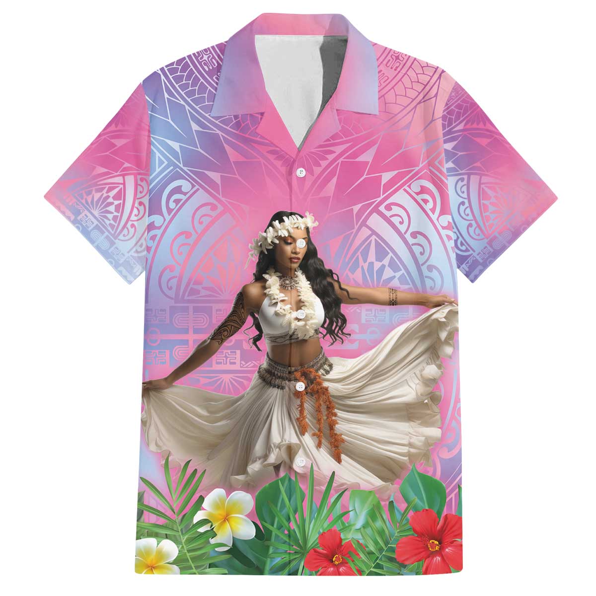 Woman Polynesian Tattoos Family Matching Off The Shoulder Long Sleeve Dress and Hawaiian Shirt Tropical Flower - Sweets Vibrant Color LT03 Dad's Shirt - Short Sleeve Vibrant Gradient - Polynesian Pride