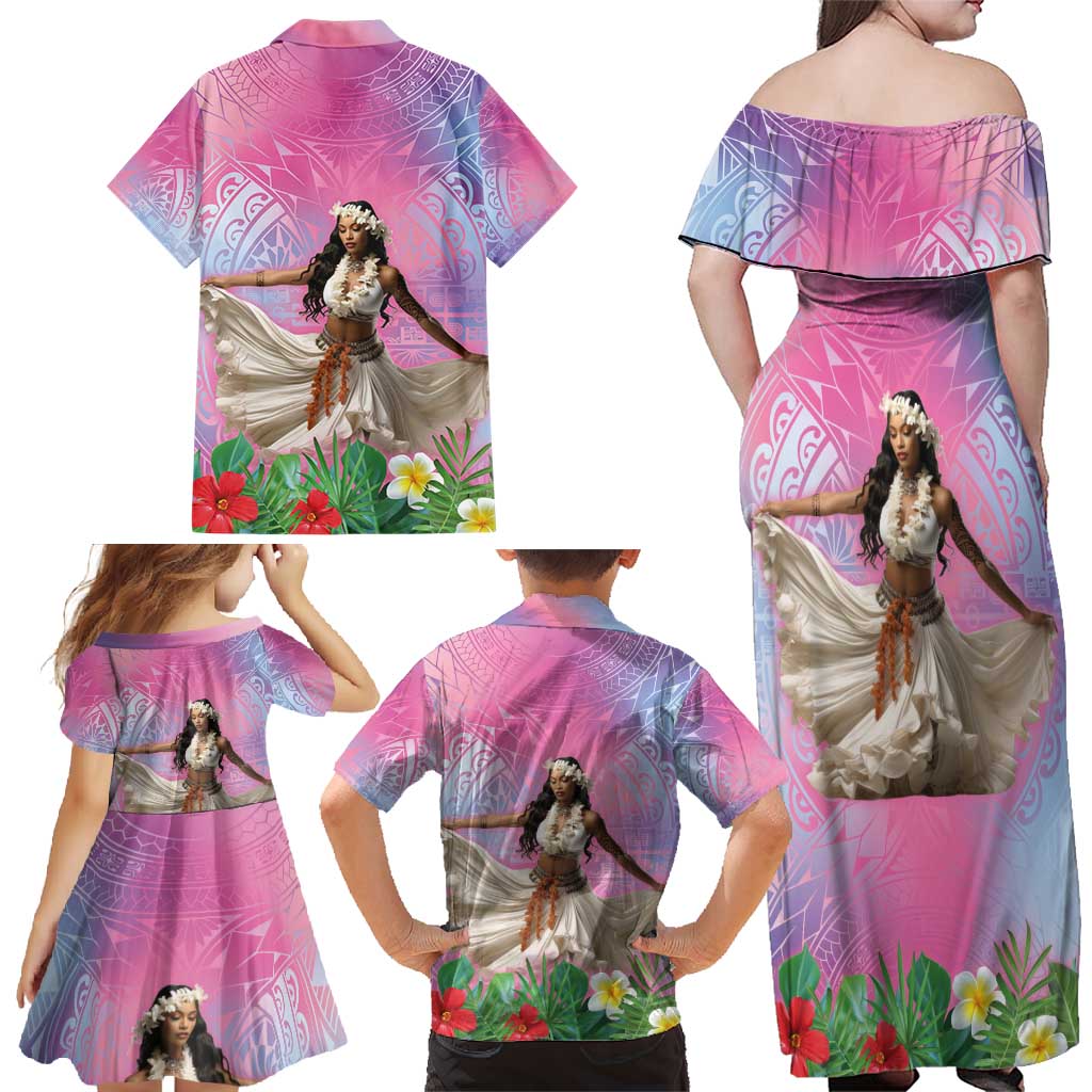 Woman Polynesian Tattoos Family Matching Off Shoulder Maxi Dress and Hawaiian Shirt Tropical Flower - Sweets Vibrant Color LT03 - Polynesian Pride