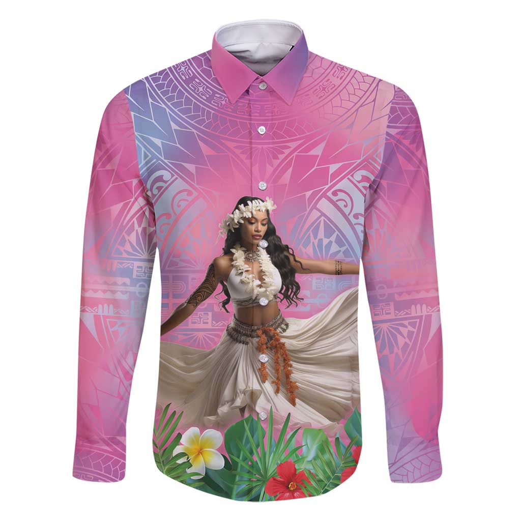 Woman Polynesian Tattoos Family Matching Off Shoulder Maxi Dress and Hawaiian Shirt Tropical Flower - Sweets Vibrant Color LT03 Dad's Shirt - Long Sleeve Vibrant Gradient - Polynesian Pride