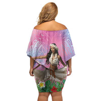 Woman Polynesian Tattoos Family Matching Off Shoulder Short Dress and Hawaiian Shirt Tropical Flower - Sweets Vibrant Color LT03 - Polynesian Pride