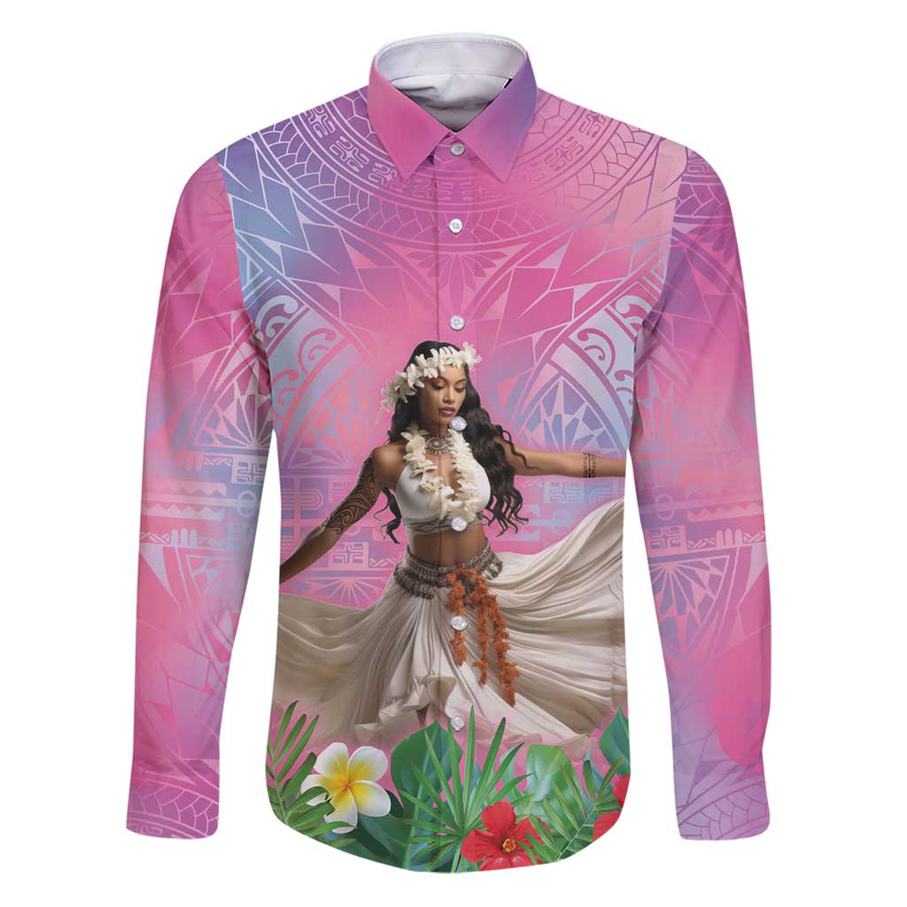 Woman Polynesian Tattoos Family Matching Puletasi and Hawaiian Shirt Tropical Flower - Sweets Vibrant Color LT03 Dad's Shirt - Long Sleeve Vibrant Gradient - Polynesian Pride