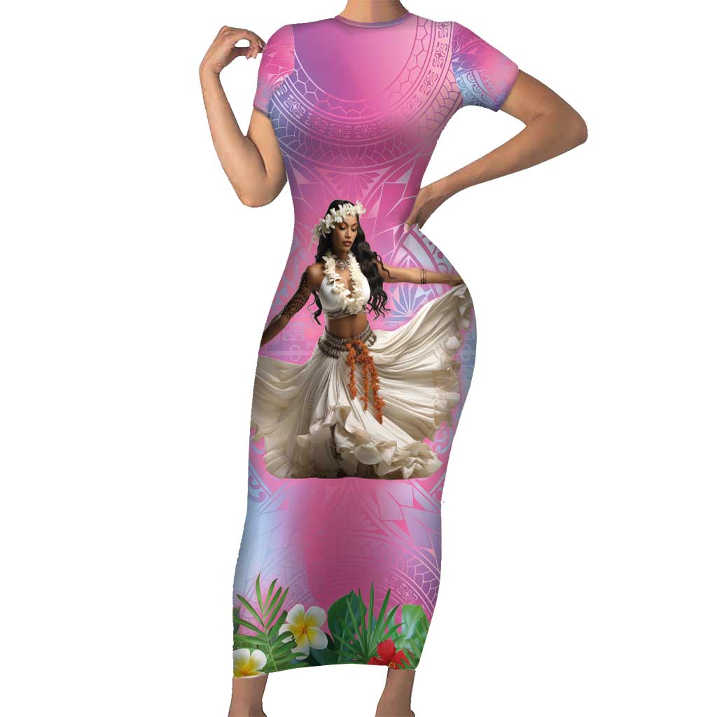 Woman Polynesian Tattoos Family Matching Short Sleeve Bodycon Dress and Hawaiian Shirt Tropical Flower - Sweets Vibrant Color LT03 Mom's Dress Vibrant Gradient - Polynesian Pride