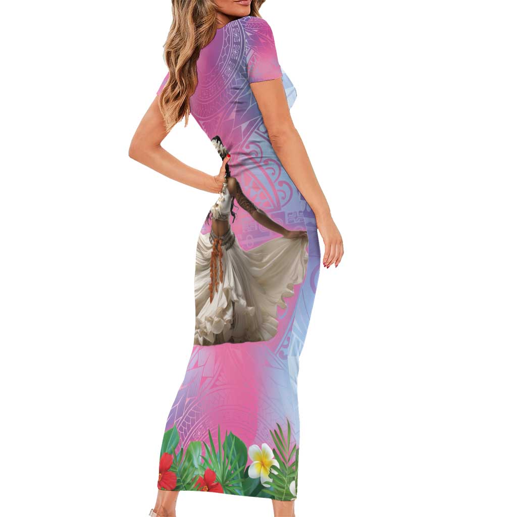 Woman Polynesian Tattoos Family Matching Short Sleeve Bodycon Dress and Hawaiian Shirt Tropical Flower - Sweets Vibrant Color LT03 - Polynesian Pride