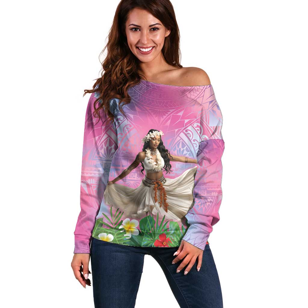 Woman Polynesian Tattoos Off Shoulder Sweater Tropical Flower - Sweets Vibrant Color LT03 Women Vibrant Gradient - Polynesian Pride