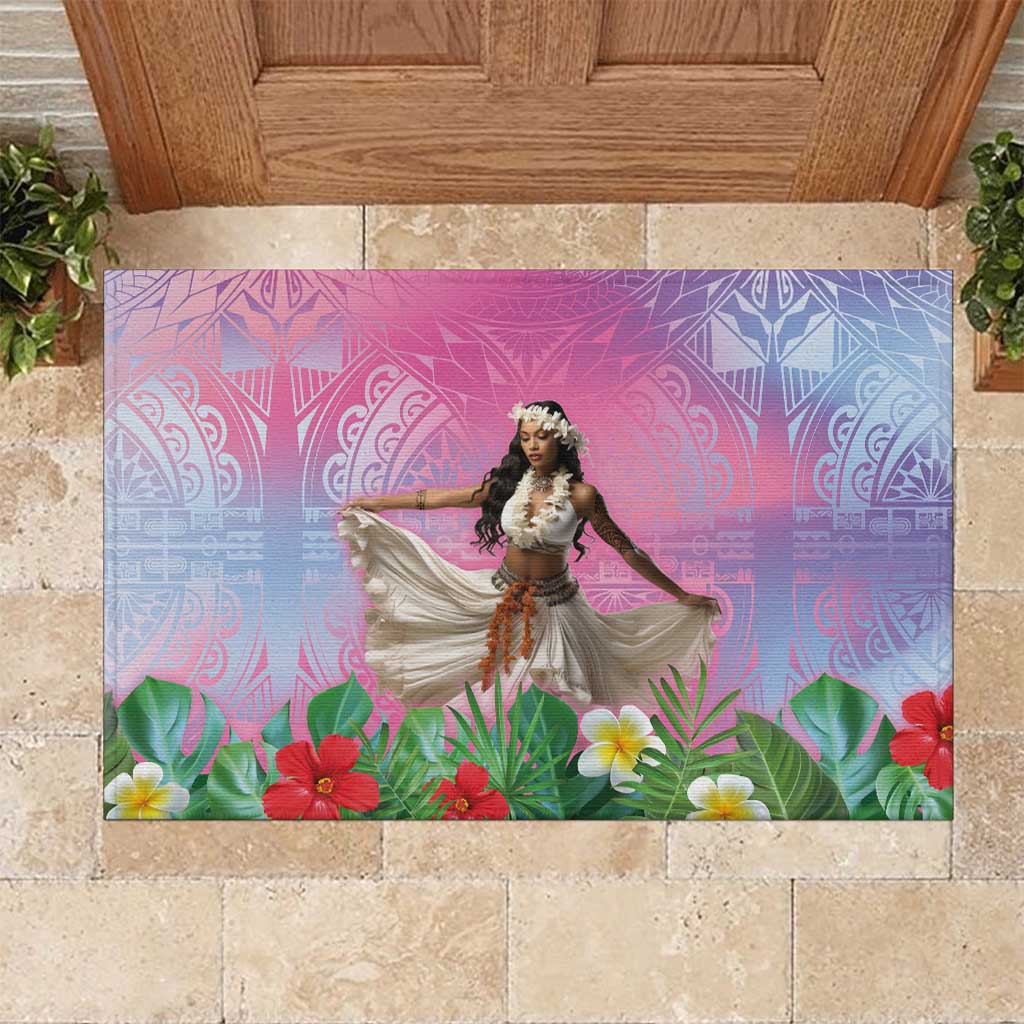 Woman Polynesian Tattoos Rubber Doormat Tropical Flower - Sweets Vibrant Color