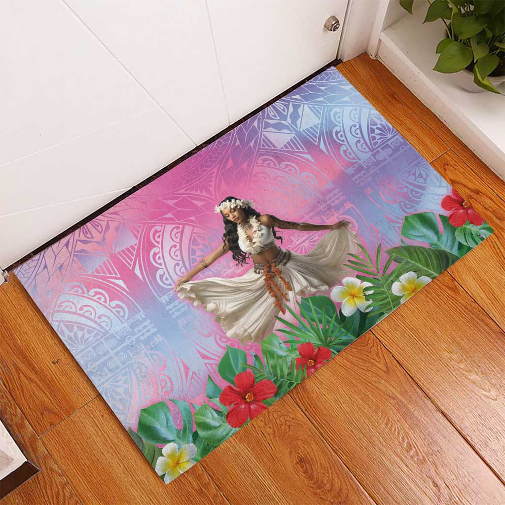 Woman Polynesian Tattoos Rubber Doormat Tropical Flower - Sweets Vibrant Color