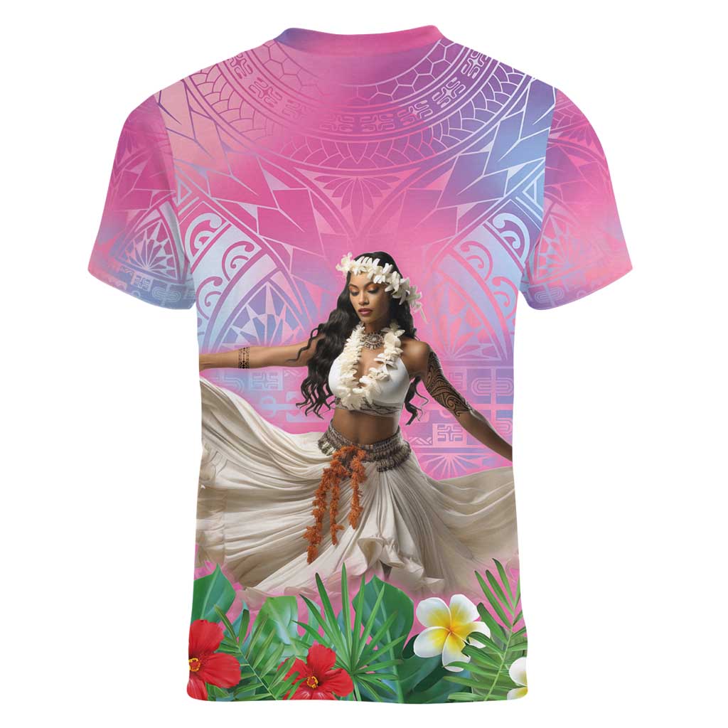 Woman Polynesian Tattoos Women V-Neck T-Shirt Tropical Flower - Sweets Vibrant Color