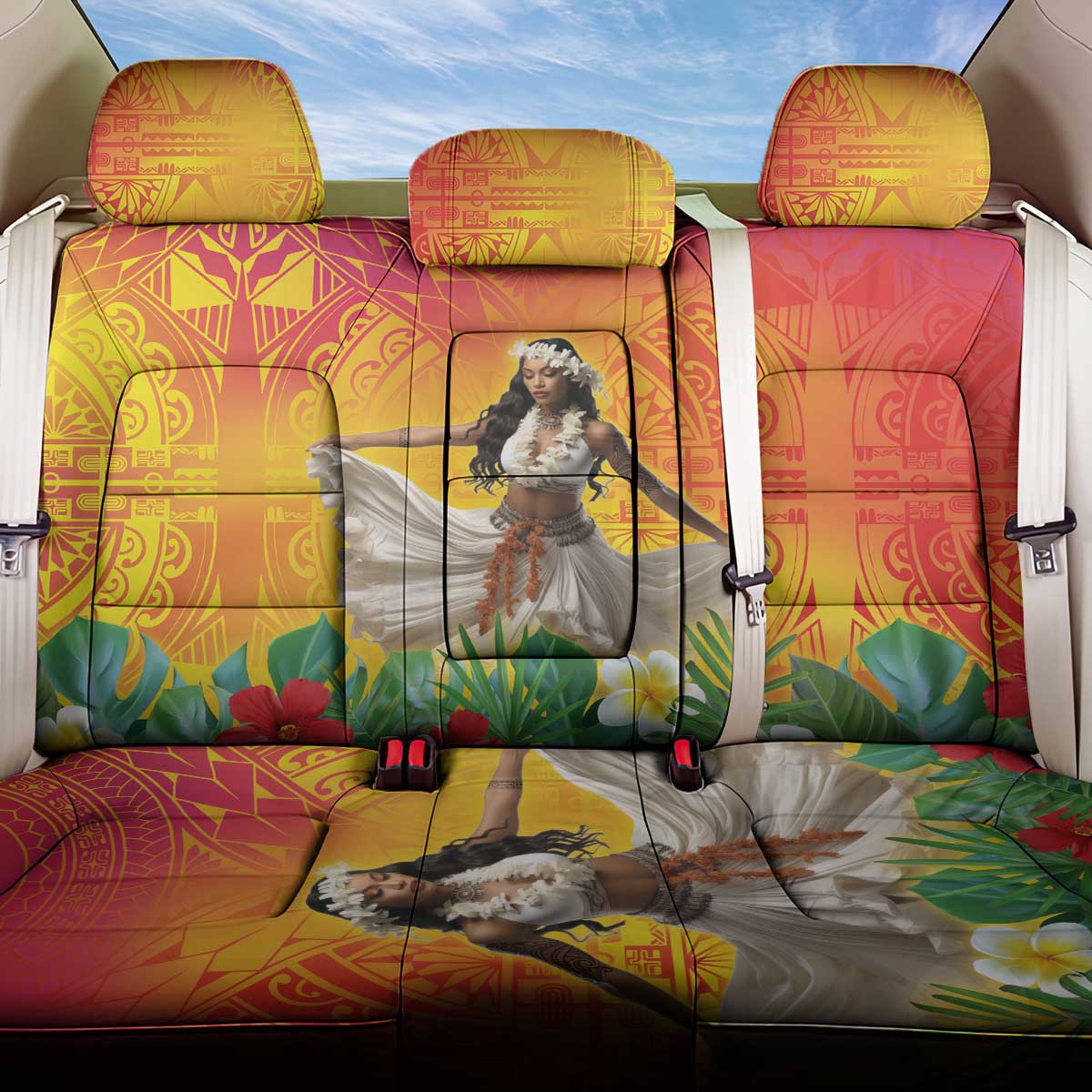 Woman Polynesian Tattoos Back Car Seat Cover Tropical Flower - Vibrant Hot Color LT03 One Size Vibrant Gradient - Polynesian Pride