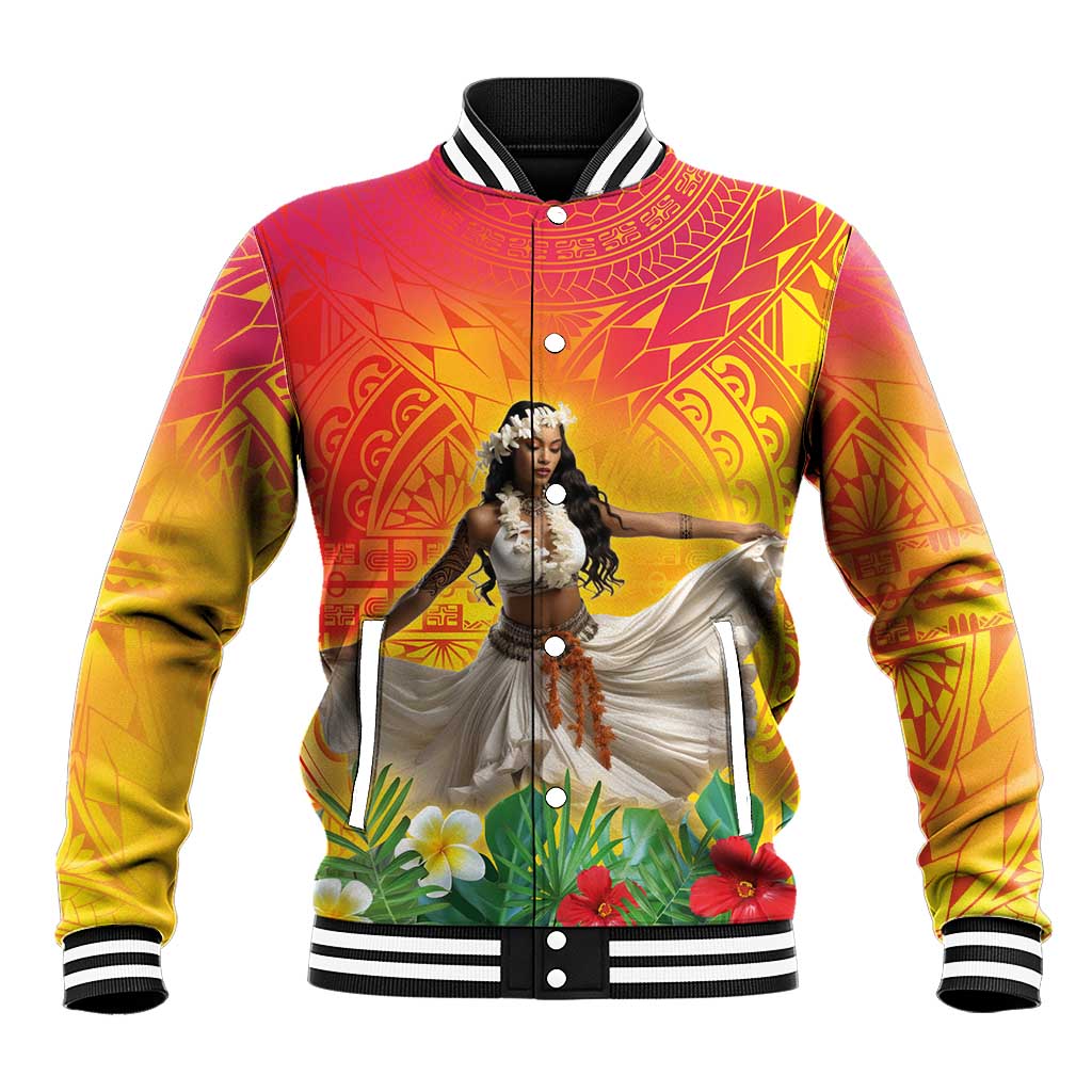 Woman Polynesian Tattoos Baseball Jacket Tropical Flower - Vibrant Hot Color