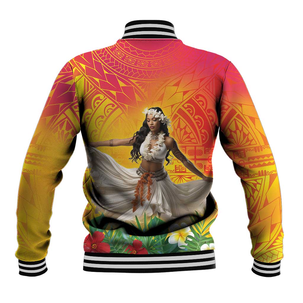 Woman Polynesian Tattoos Baseball Jacket Tropical Flower - Vibrant Hot Color