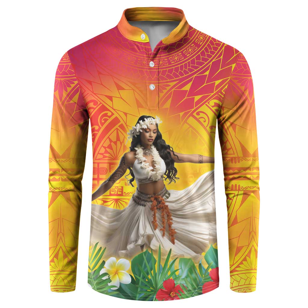 Woman Polynesian Tattoos Button Sweatshirt Tropical Flower - Vibrant Hot Color LT03 Vibrant Gradient - Polynesian Pride