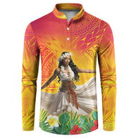 Woman Polynesian Tattoos Button Sweatshirt Tropical Flower - Vibrant Hot Color