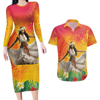 Woman Polynesian Tattoos Couples Matching Long Sleeve Bodycon Dress and Hawaiian Shirt Tropical Flower - Vibrant Hot Color LT03 Vibrant Gradient - Polynesian Pride
