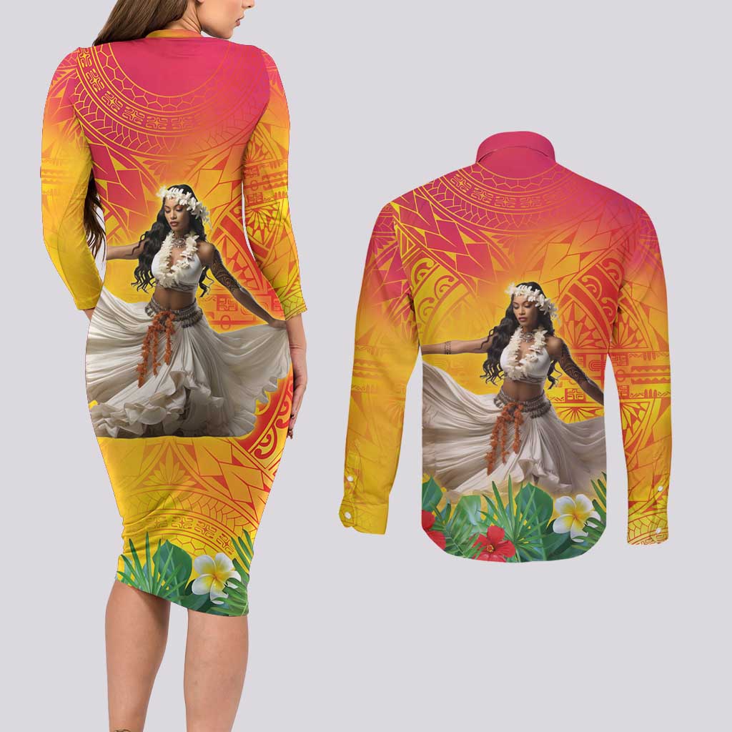 Woman Polynesian Tattoos Couples Matching Long Sleeve Bodycon Dress and Long Sleeve Button Shirt Tropical Flower - Vibrant Hot Color LT03 - Polynesian Pride